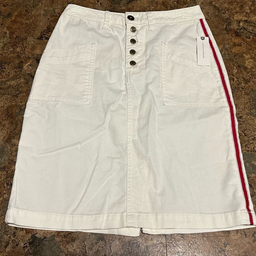 Anthropologie Pilcro White Denim Skirt w/ Red Striped Button Fly Size 0 NWT $98